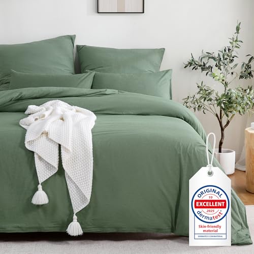 Lanqinglv Bettwäsche 135x200cm 2teilig Beige Uni Einfarbig Bettbezug Deckenbezug 135x200cm mit Reißverschluss und Kissenbezug 80x80cm aus Renforce Microfaser 6 ATsense Bettwäsche 135x200 cm Baumwolle 2teilig, Bettwäsche-Sets Grün ÖkoTex-Zertifizierte mit Leinenartigem Griff, Atmungsaktiv, 1 Bettbezug und 1 Kissenbezug 80x80 cm