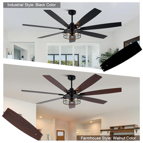 Image of 72 Inch Ceiling Fan with Lights Farmhouse Ceiling Fan with Lights | Black Caged Fandelier Rustic Industrial Chandelier for Living Room Indoor Covered Outdoor, 7 Dual Blades Reversible 6 Speeds
