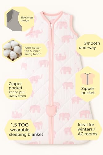 Image of TuddyBuddy Baby Cotton Wearable Quilted Sleeping Bag Blanket 1.5 Tog with 1 Way Zipper Closure | Ideal for Babies & Kids Hypoallergenic Fabrics | (Pink Elephants, 12-18 Months)