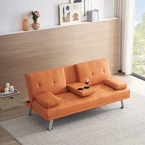 Eafurn Leather Futon Sofa Bed Convertible Folding Couch For Living Room Sectional Sleeper Sofa & Couches For Small Space With Cup Holder And Removable Armrest, Orange #TOP16