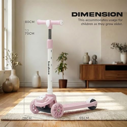 Image of Baybee Rovix Kick Scooter for Kids | Foldable Skate Scooter with 3 Height Adjustment Handle & LED Light Wheels | 3 Wheel Baby Scooter with Rear Brake | Kids Scooter for 2 to 10 Years Boy Girl (Pink)