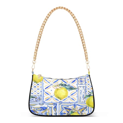 Shoulder Bags for Women Vintage Yellow Lemon Fruit and Blue Print Hobo Tote Handbag Small Clutch Purse with Zipper Closure