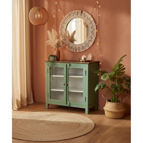 Image of APRODZ 2 Door Cabinet with Wicker Front 2 Shelves | Mango Wood Storage Organizer | Rustic Durable Stylish Wooden Furniture | Compact Design Home Decor (Premium Olive Green & Off White)