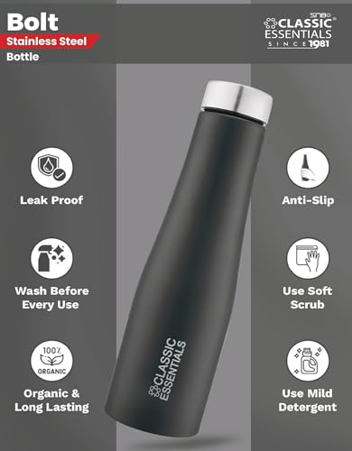 Image of CLASSIC ESSENTIALS Stainless Steel PURO Water Bottle 100% Leak Proof | Office Bottle | Gym Bottle | Hiking & Treking Bottle | Steel Water Bottle 1000 ml Bottle (Set of 2) (Black)