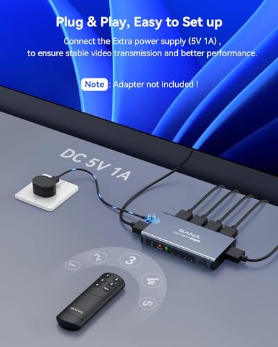 Image of HDMI Switch 5 in 1 Out 4K@60Hz, GANA HDMI Splitter Switcher with Remote, Aluminum HDMI 2.0 Switch Box Hub for 3D, HDCP2.2, HDR, Compatible with Xbox, PS5 /4 /3,Fire Stick,Roku,Blu-Ray Player, Grey