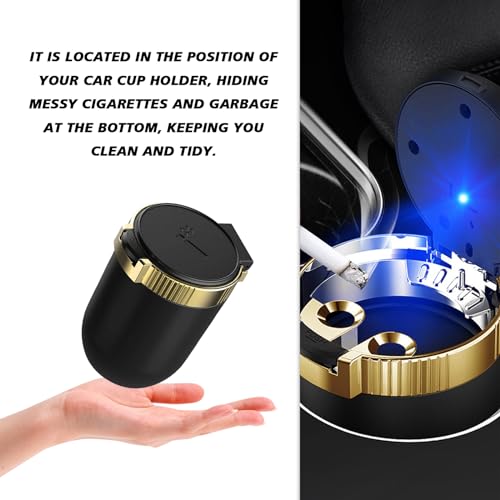 Image of Car Ashtray with lid Smell Proof, Smoke-free portable mini car trash can with LED Blue Light,Removable Stainless Steel Car Cup Holder Universal Car Interior Accessories(Gold), QBOONPT-YHG01