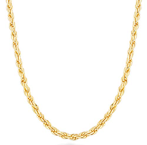 Miabella Solid 18K Gold Over Sterling Silver Italian 2mm, 3mm Diamond-Cut Braided Rope Chain Necklace for Men Women 16, 18, 20, 22, 24, 26, 28, 30 Inch 925 Sterling Silver Made in Italy (22, 3mm)
