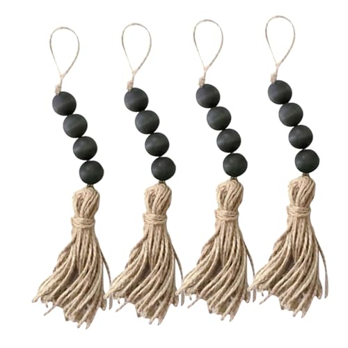 NIYANGLE Rustic Style Wooden Bead Tassel Door Handle Decor, Black Handmade Wood Beads Wall Hanging Ornament for Home Adornment, 4pcs Set