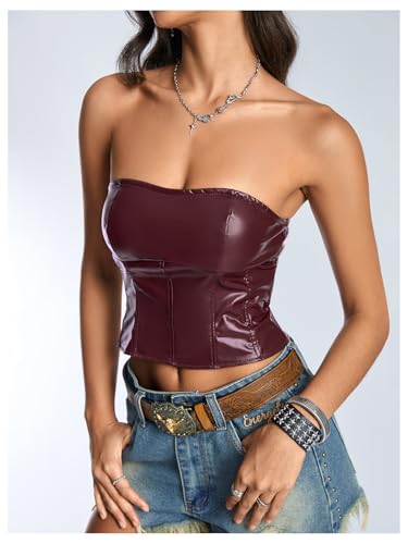 Floerns Women's PU Leather Bandeau Lace Up Back Y2k Club Strapless Tube Top3