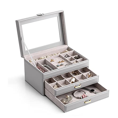 Caja de Almacenamiento de Cuero Multicapa para Pendientes, Collares y Accesorios para el Cabello – Organizador Tipo cajón con Exquisito diseño de partición, Gran Capacidad para colección de Joyas