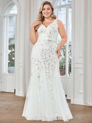 Image of Ever-Pretty Plus Sequin Formal Dresses Sleeveless V Neck Mermaid Ball Gowns Plus Size Prom Dress