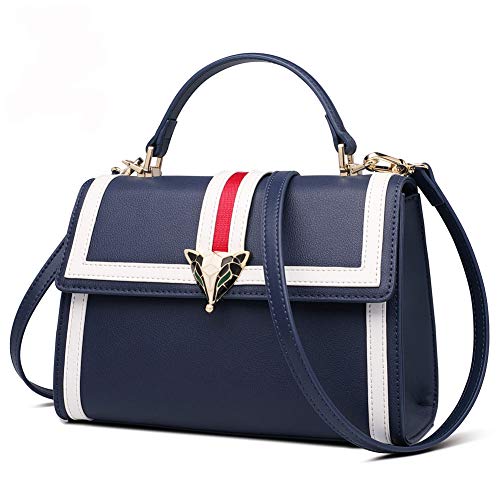 Leather Crossbody Bags For Women, Genuine Leather Mix Color Design Ladies Fashion Satchel Handbag With Adjustable Shoulder Strap Womens Casual Top Handle Bag Women's Messenger Purse And Handbag (Blue) #TOP22