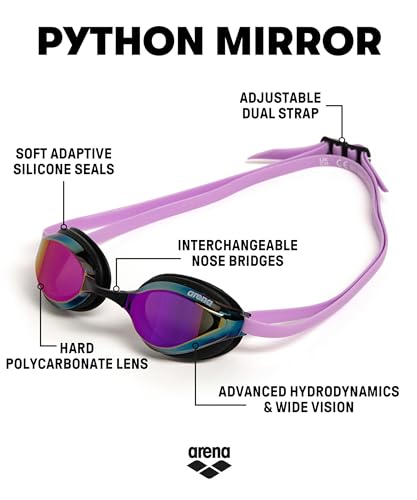 Image of ARENA Unisex Python Racing Swim Goggles for Men and Women Anti-Fog No Leak Max Comfort Dual Strap, Mirror /Non-Mirror Lens
