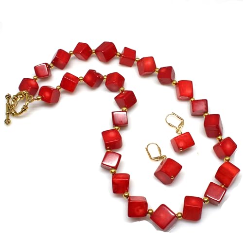 Natural Red Coral Gemstone Handmade Necklace Strand with Earrings