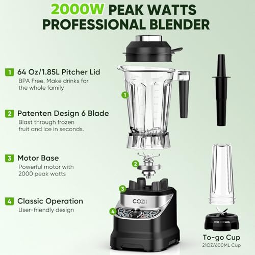 Image of COZII Blenders for Kitchen 2000W, Countertop Blender for Smoothies with 21oz To-go Cup, 7 Preset Programs Professional Blender for Ice Crush /Frozen Drinks /Dips /Nut Butter, High Speed, Dishwasher Safe