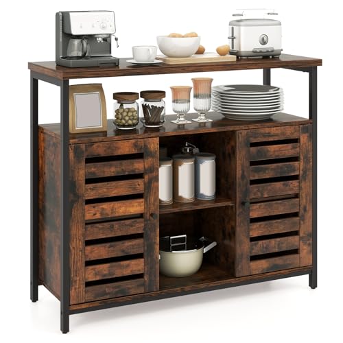 LOKO Industrial Buffet Cabinet, Sideboard Storage Cabinet with Push-to-Open Slatted Door & 3 Adjustable Shelves, Coffee Bar Station with Anti-Tipping Kits, for Kitchen, Living Room, Rustic Brown