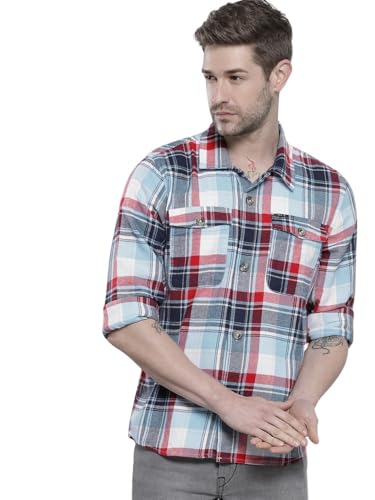 Image of The Indian Garage Co Men Regular Fit Checkered Full Sleeves Spread Collar Double Flap Pocket Casual Over Shirt