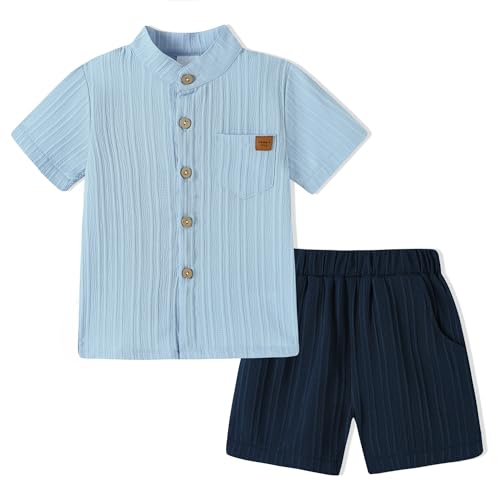 Image of WESIDOM Toddler Boy Clothes Button-Down Shirts+Short Sets Boy's 2 Piece Beach Outfits with Pockets 18M-7Y