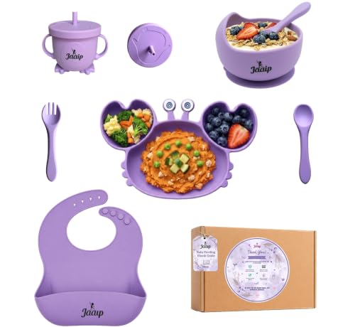 Image of JAAIP Silicone Baby Feeding Set - Suction Plate, bib, Fork, Bowl and Spoon for Products 6 to 12 Months Babies Spoons with Plates for Eating (Purple)