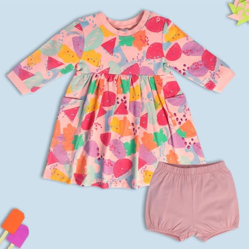 Image of miniklub Baby Round Neck Knee Length Knitted Cotton Dress With Bloomer (Pink Color)