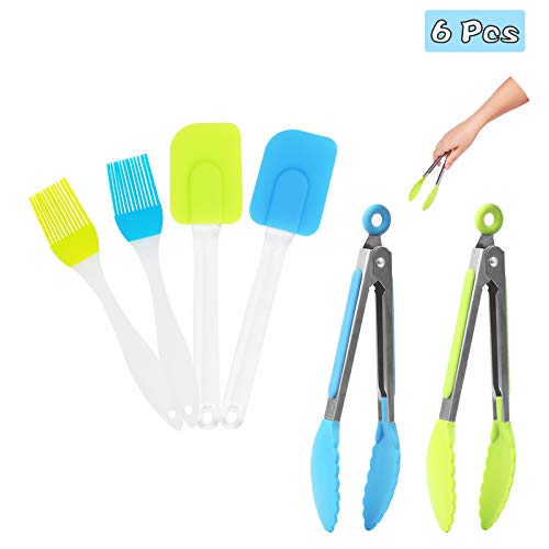 SEELOK Kit de Ustensiles de Cuisine Silicone 6Pcs Spatule Silicone Pinceaux Pâtisserie Pince Cuisine Pinces de Service Barbecue Résistant à la Chaleur Antiadhésif pour Viandes Gâteaux