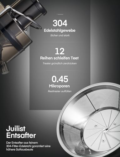 Juilist Entsafter Gemüse und Obst, 65 mm Einfüllschacht, 3 Einstellungen, Mit Reinigungsbürste, Leicht zu Reinigen, Schwarz