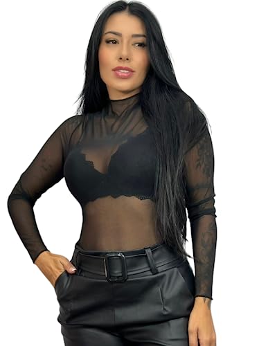 Blusa De Tule Feminina Manga Longa Transparente 10983 Academia (Preta, GG)