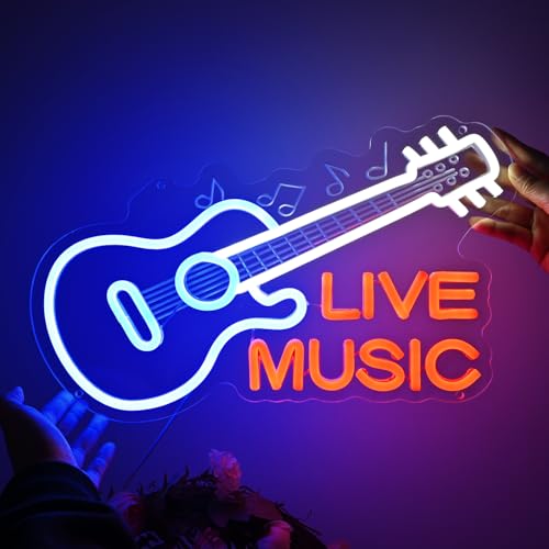 Image of Planzo Guitar Neon Sign Live Music LED Neon Light Record Studio Wall Decor | Music Room Night Club Neon Decor, Beer Bar Business Store Wall Sign Decor, Birthday Christmas Gift, USB, 15.75 inchX9.84 inch