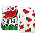 Cloudfomila Hello Summer Watermelon Kitchen Towels, Spring Stripe Dish Towels Set of 2, Spring Cute Red Hearts Fruit 18 x 26 Inch Hand Towel Quick Drying Dishcloth Decor for Kitchen Bathroom Home