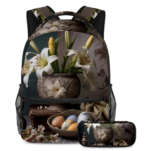 Sac à dos et trousse œufs de lys de Pâques pour étudiants 29x20x40cm