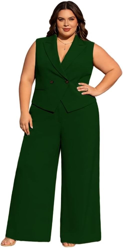Summer Womens 2 Piece Outfits Plus Size Suits Blazer Vest Wide Leg Pants Casual Dressy Office Wedding