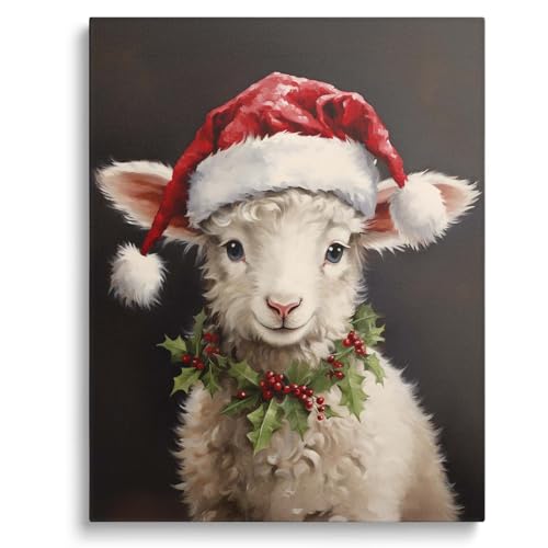 Christmas Lamb Canvas Wall Art Decor - Adorable Holiday Sheep