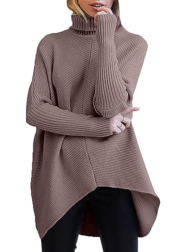 Caracilia Womens Turtleneck Long Sleeve Sweater Irregular Hem Casual Pullover Knit Tops