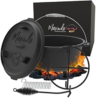 MARINDO Dutch Oven Set - Dutch Oven [9L], otwieracz do pokrywy, środek do czyszczenia pierścieni i podstawka | już wypalony | Dutch-Oven z akcesoriami Dutch Oven | żeliwny garnek | garnek żeliwny