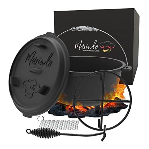 MARINDO Dutch Oven Set – Dutch Oven [9L], locklyftare, ringrengörare och underlägg | redan inbränt | holländska ugnstillbehör inklusive tillbehör för holländska ugn, gjutjärnsgryta