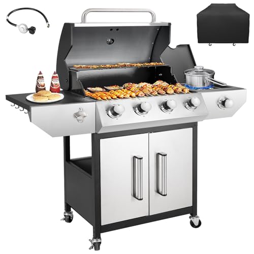 Kendane 4-Burner Propane Gas BBQ Grill with Side Burner, Barbecue Gas Grill with Enameled Cast Iron...