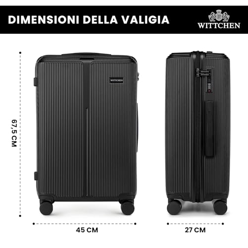 Wittchen Stripes Line Set Di Valigie 3 Pezzi | (36/65/96 L) In Abs Rigido, 4 Ruote 360°, Lucchetto A Combinazione & Manico Telescopico | Valigia Cabina/Media/Grande - Colore: Nero - 3