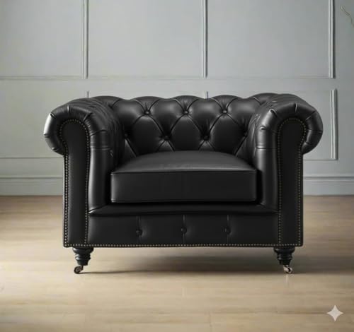 Image of Classic Leatherette 1 Seater Chesterfield Sofa Button Tufted, Style 1-Person Sofa for Living Room, Office, and Hallway Colour (Black Leatherette, 1 Seater Sofa)