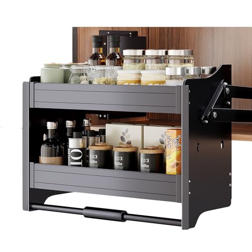XLTFUC Pull-Down Cabinet Organizer, 2 Layer Kitchen Cabinet Pull-Down Shelf, Space Saving Board for Kitchen Appliance Lift Upper Cabinet 4 Load-Bearing Settings(Black,81x28x54cm)