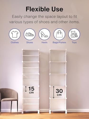 Image of BOXJOY 10 Shelf Shoe Rack with 5 Doors, 5 Hook Steel Holder & Wooden Hammer for Home Storage PP Plastic Organizer with Metal Door Frame to Cover Chappal Slipper Sandals Shoes Box Stand (White)