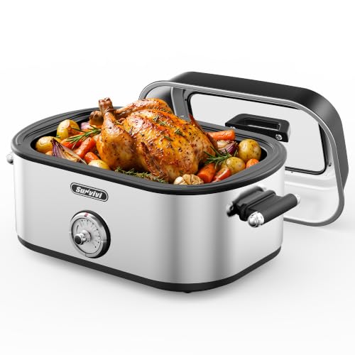 Sunvivi Electric Roaster Oven with Extra Large Visible Glass Lid, Upgraded 26QT Turkey Roaster with Self-Basting Lid, De