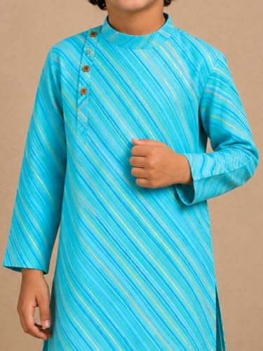 Image of superminis Cotton Boys Sanganeri Lehariya Printed Kurta Set with White Pyjama Elastic Closure