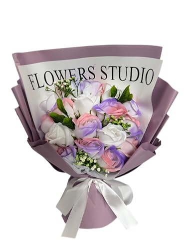 HWSHOW ソープフラワー 花束 造花 グラデーションカラー 誕生日 結婚記念日 プレゼント ギフト インテリア バラ 枯れない お花 手提げ付き メッセージカード付き 女性 母の日 敬老の日 還暦 バレンタインデー クリスマス 新年 彼女 送別会 退職感謝 お礼 昇進 転居 お見舞い パープル