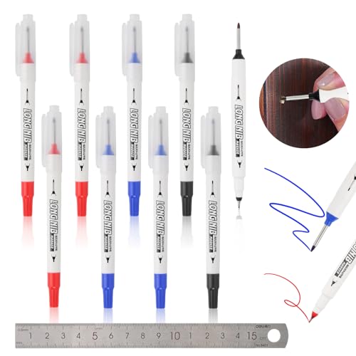 GHVACZS 9 Piezas Marcador Metal, Marcador de Agujeros Profundos de Doble Punta de 20mm, Marcador de Perforación con Regla de Acero Inoxidable de 15cm, para metal, madera, vidrio, azulejos, paredes