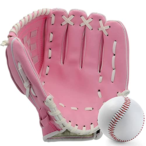 Baseball Glove Baseball Softball Mitt with Ball for Kids Youth Adults Training and Beginner Right Hand Throw Left Hand Glove (Pink 11.5in)
