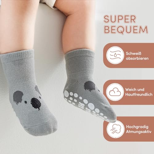 SockWaddles Stoppersocken Kinder Baby, 5 Paar ABS Atmungsaktiv Antirutschsocken Kinder, Krabbelsocken Baby Baumwolle, Jungen und Mädchen Crew Socken mit Tiere