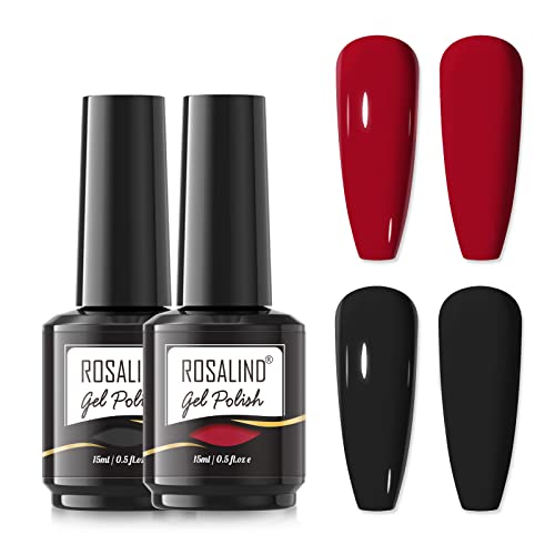 ROSALIND Rojo Negro Colores Esmaltes Permanentes Para Uñas, 15ml Permanente Gel de uñas Semipermanente Lámpara UV LED, Kit Manicura, Red Black Color Gel Nail Polish 2Pcs