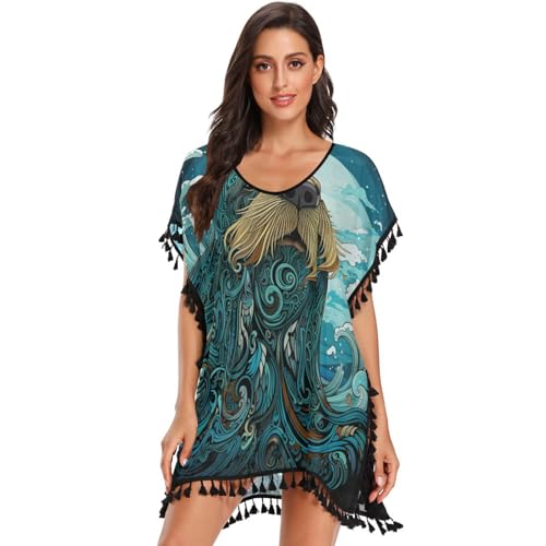 Sea Walrus Art Women's Beach Cover Up Chiffon Tassel Swimwear Swimsuit Coverups for Girl