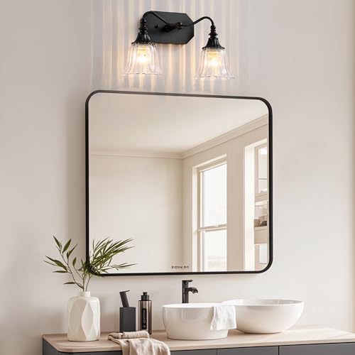 Image of LmnLvn 2-Light Bathroom Vanity Light, Matte Black with Crystal Glass Shade