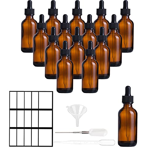 Pipettenflasche Tropfflasche kleine Glasflasche Bernsteinglas mit 50ml 15PCS schwarzer Pipettenkappe Braunglas Set für Ätherische Öle Parfüm Öle Duftöl Probe